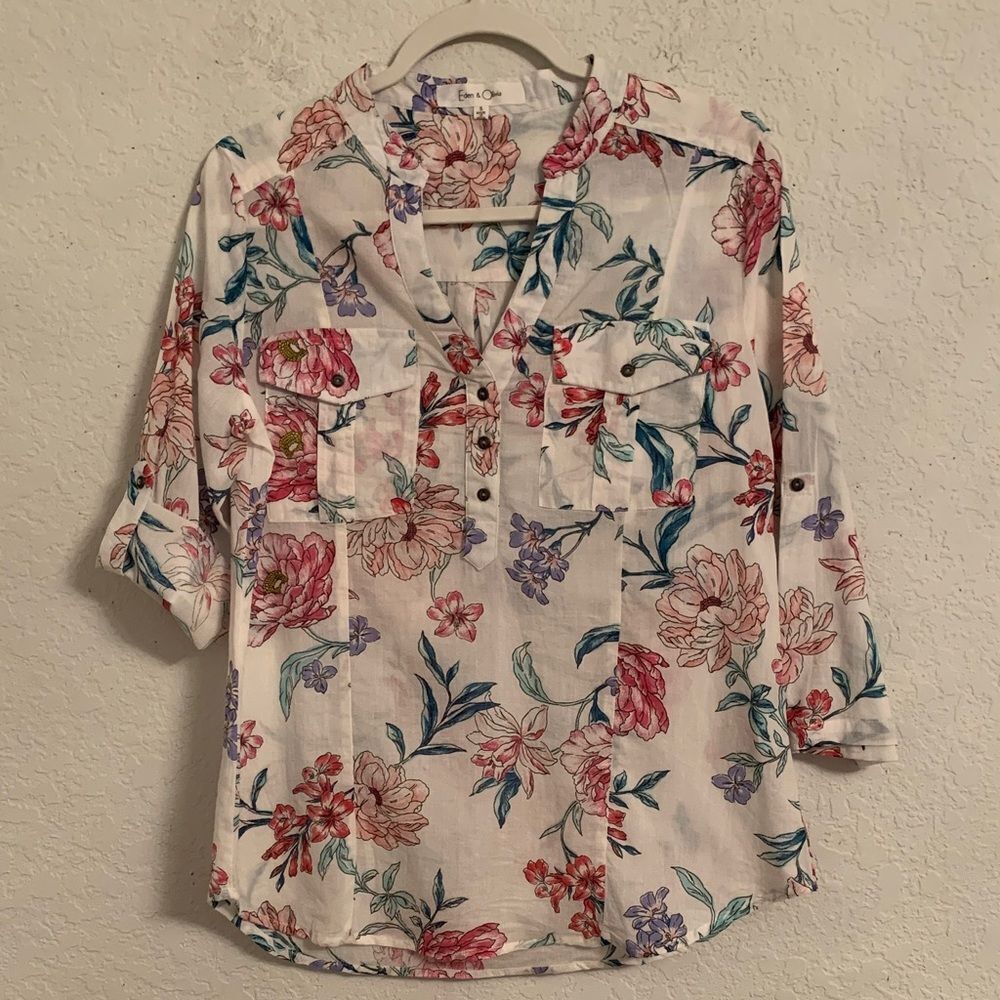 Eden+Olivia Cotton Floral Print V-Neck Roll-Up Sleeve Women's Blouse Size S